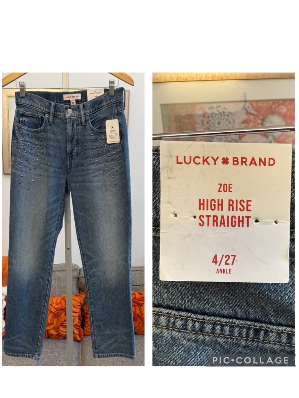 NWT Lucky Brand Zoe High Rise Straight Leg Ankle Jeans Medium Wash with Studs